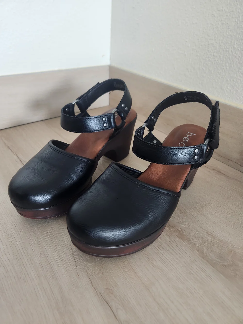 b.o.c. Black Platform Clogs with Ankle Strap